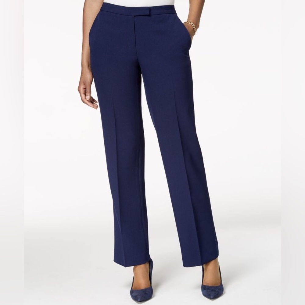 Kasper Women's Blue Straight Fit Tab-Waist Stretch Modern Dress Pants